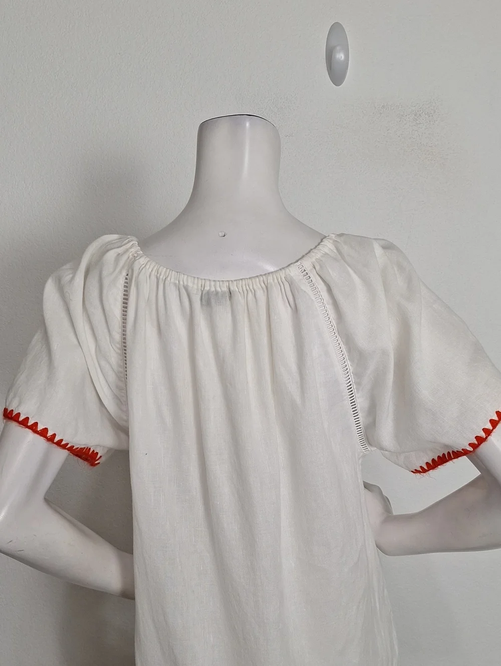 J. Crew White Red Embroidered Linen Blend Pom Pom Peasant Tunic Dress Size M
